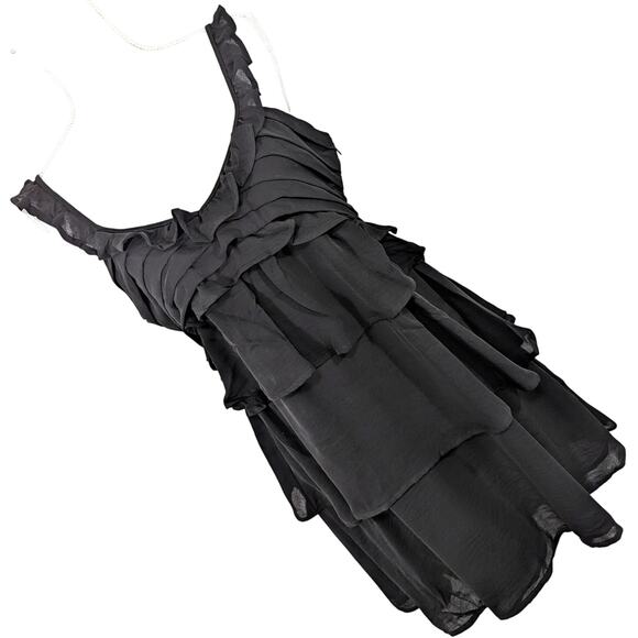 MNG! LUXE BLACK RUFFLED, LAYERED SILK LOOK (POLY) PARTY DRESS! FULLY LINED! SZ M - Picture 1 of 9